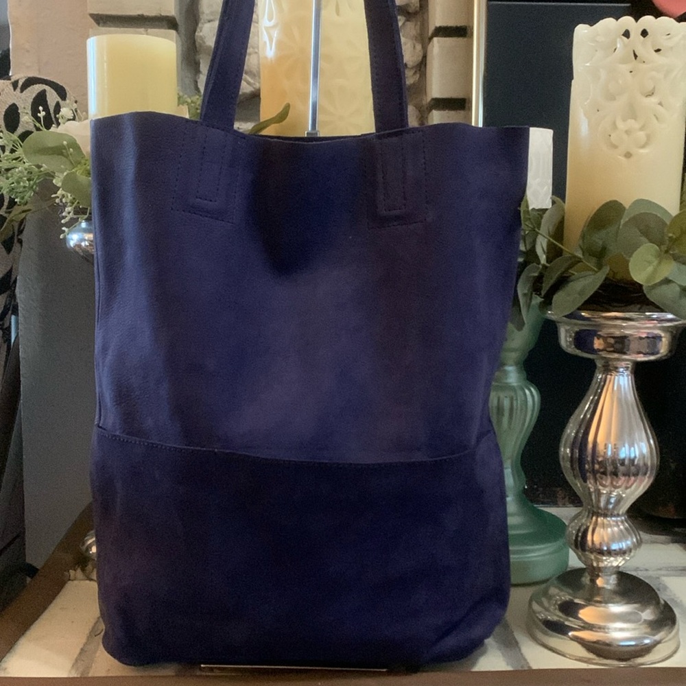 Noonday Collection Dark Blue Leather Tote Bag Nubuck